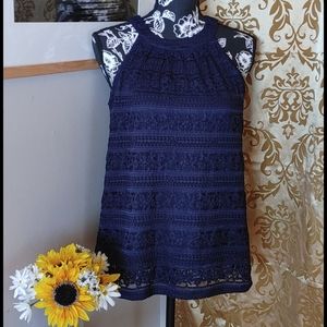 Navy Sleeveless Lined Lace Top